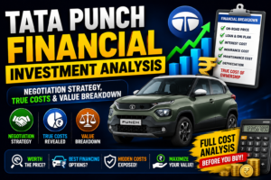 Tata Punch compact SUV with financial charts and cost analysis elements highlighting ownership costs, value, and buying strategy