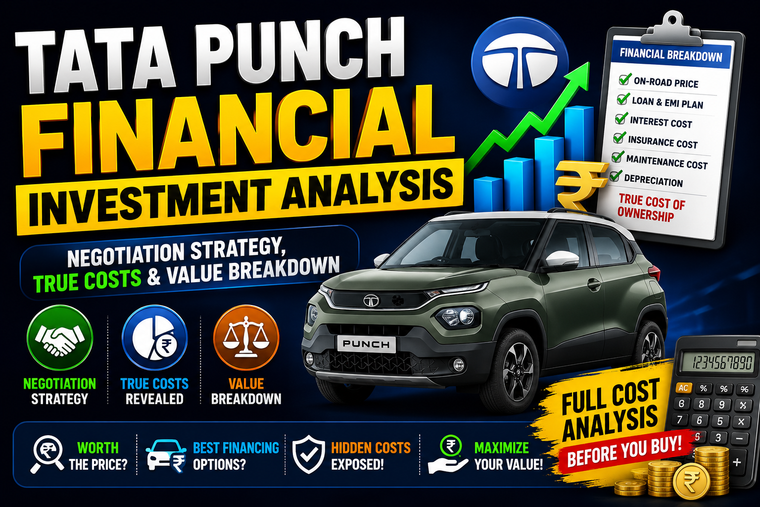 Tata Punch compact SUV with financial charts and cost analysis elements highlighting ownership costs, value, and buying strategy