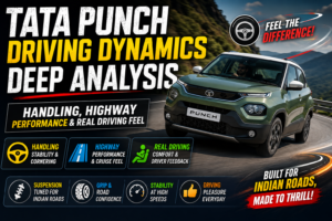 The Tata Punch compact SUV is driving on an open highway, showcasing handling, ride comfort, steering response, and real-world driving performance.