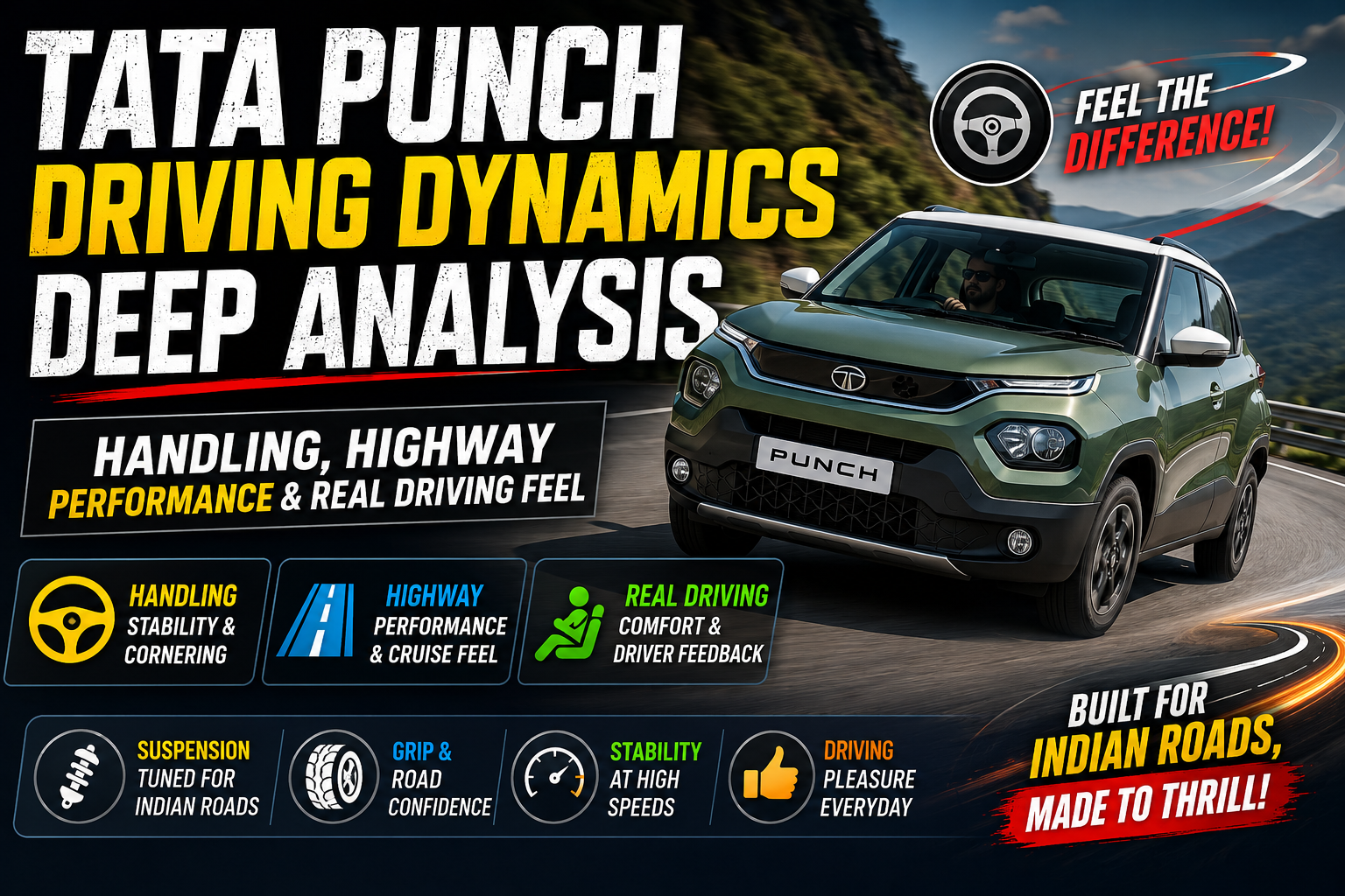 The Tata Punch compact SUV is driving on an open highway, showcasing handling, ride comfort, steering response, and real-world driving performance.