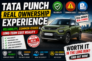 Tata Punch parked outdoors during a long-term ownership review highlighting reliability, maintenance costs, and real-world driving experience.
