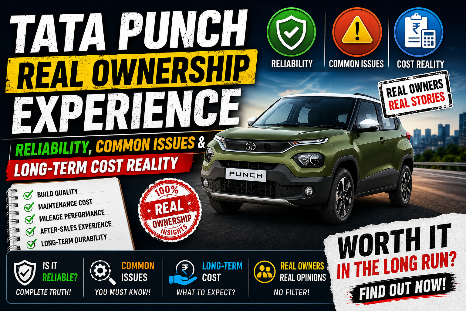 Tata Punch parked outdoors during a long-term ownership review highlighting reliability, maintenance costs, and real-world driving experience.