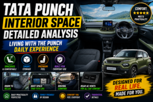 The Tata Punch interior shows a spacious cabin, comfortable seating, rear legroom, and a practical family-friendly design.