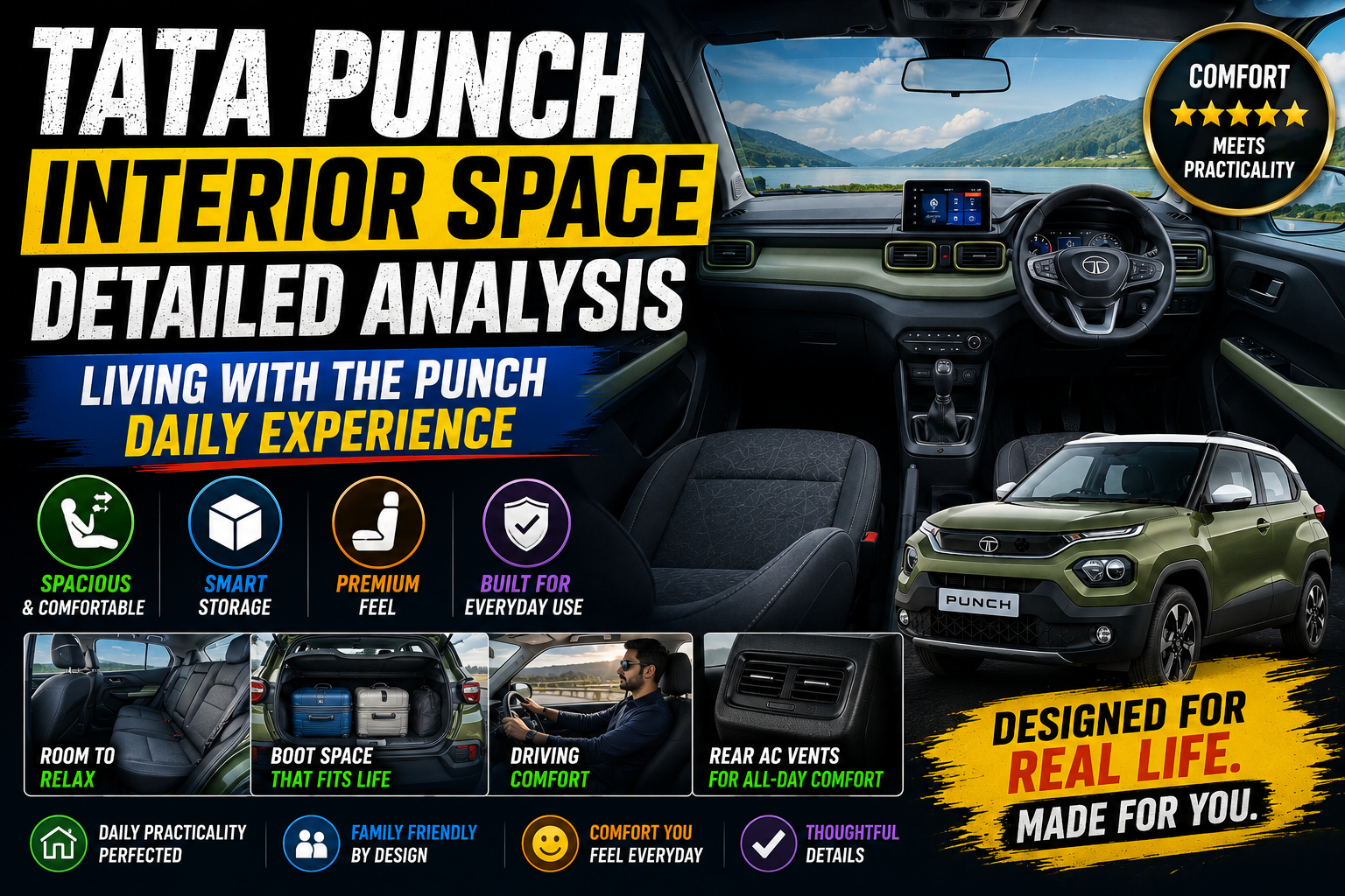 The Tata Punch interior shows a spacious cabin, comfortable seating, rear legroom, and a practical family-friendly design.