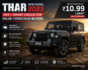 Mahindra Thar 4x2 2023 model SUV showcasing rugged design, modern features, and affordable pricing for Indian buyers