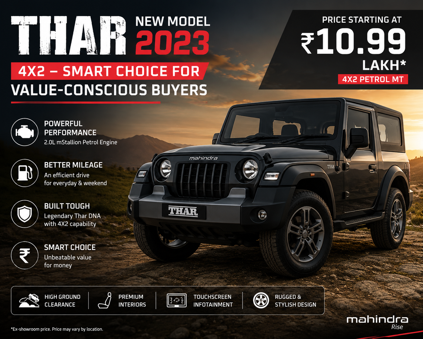 Mahindra Thar 4x2 2023 model SUV showcasing rugged design, modern features, and affordable pricing for Indian buyers