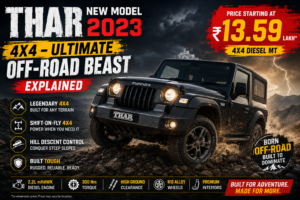 Mahindra Thar 2023 4x4 SUV driving through rugged off-road terrain showcasing powerful performance and adventure-ready capabilities