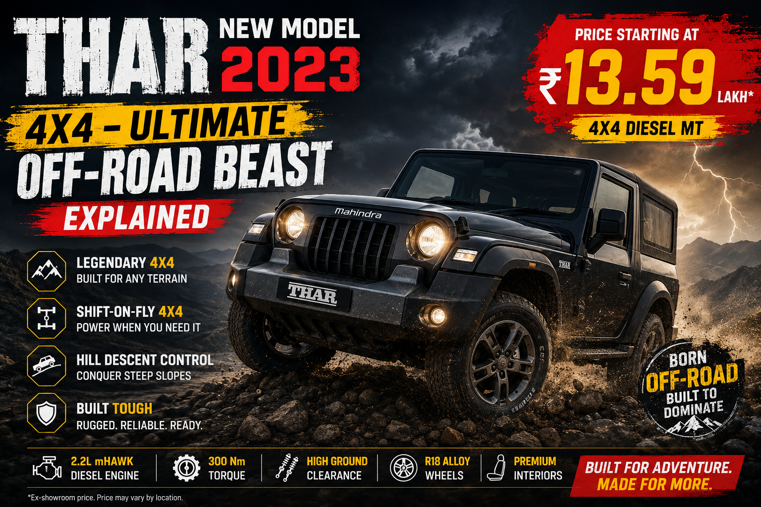 Mahindra Thar 2023 4x4 SUV driving through rugged off-road terrain showcasing powerful performance and adventure-ready capabilities