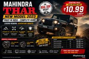 The purpose of this image is to visually represent the Mahindra Thar 2023 and help readers understand its rugged design, premium features, strong performance, and off-road capabilities.