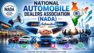 A professional automotive industry banner featuring NADA, multiple modern vehicles, a dealership network, business leaders, and an India growth map representing the voice of India's automobile dealer community.