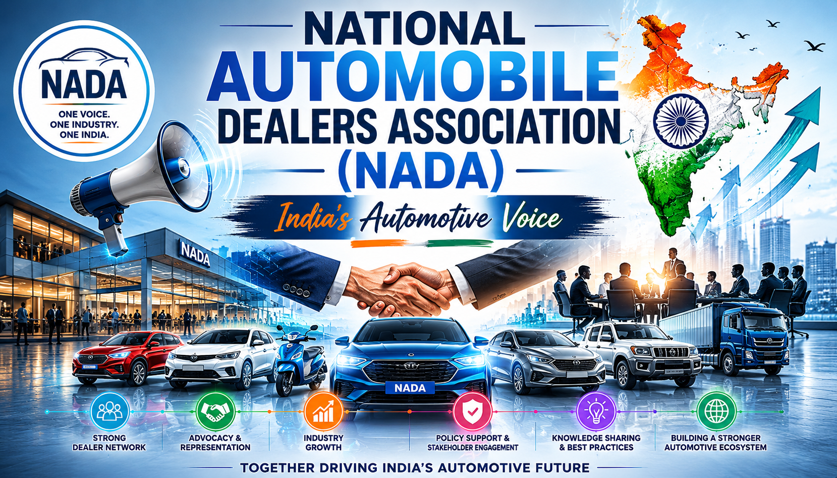 A professional automotive industry banner featuring NADA, multiple modern vehicles, a dealership network, business leaders, and an India growth map representing the voice of India's automobile dealer community.