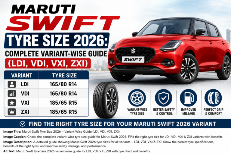 Maruti Swift Tyre Size 2026: Complete Variant-Wise Guide (LDI, VDI, VXI, ZXI)