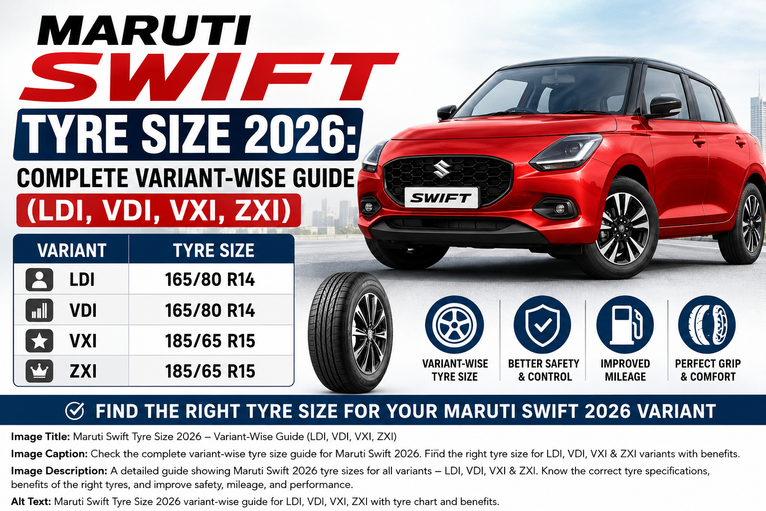 2026 Maruti Swift tyre size chart showing LDI, VDI, VXI and ZXI variant tyre specifications