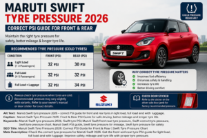 Maruti Swift Tyre Pressure 2026: Correct PSI Guide for Front & Rear