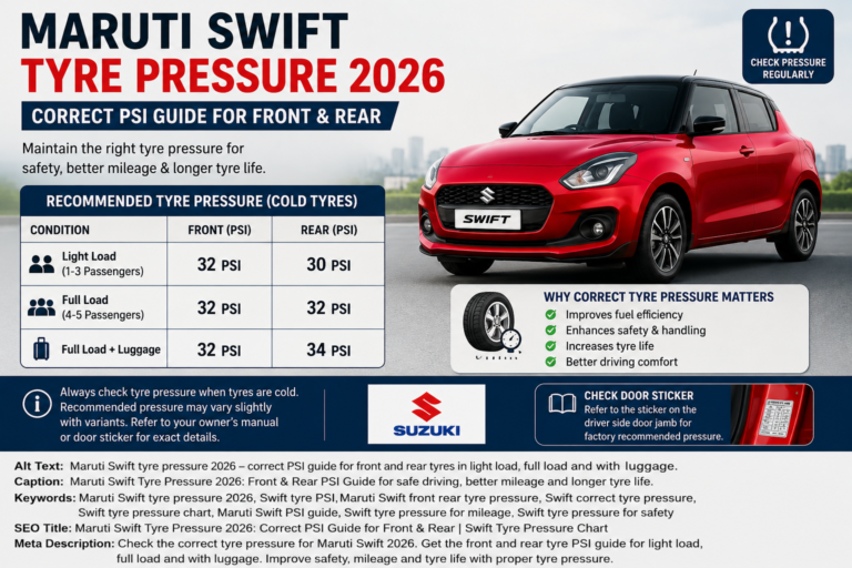 Maruti Swift Tyre Pressure 2026: Correct PSI Guide for Front & Rear