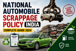 The National Automobile Scrappage Policy of India shows old vehicles being recycled through authorised scrappage facilities, promoting cleaner transportation, vehicle recycling, road safety, and sustainable automotive growth.