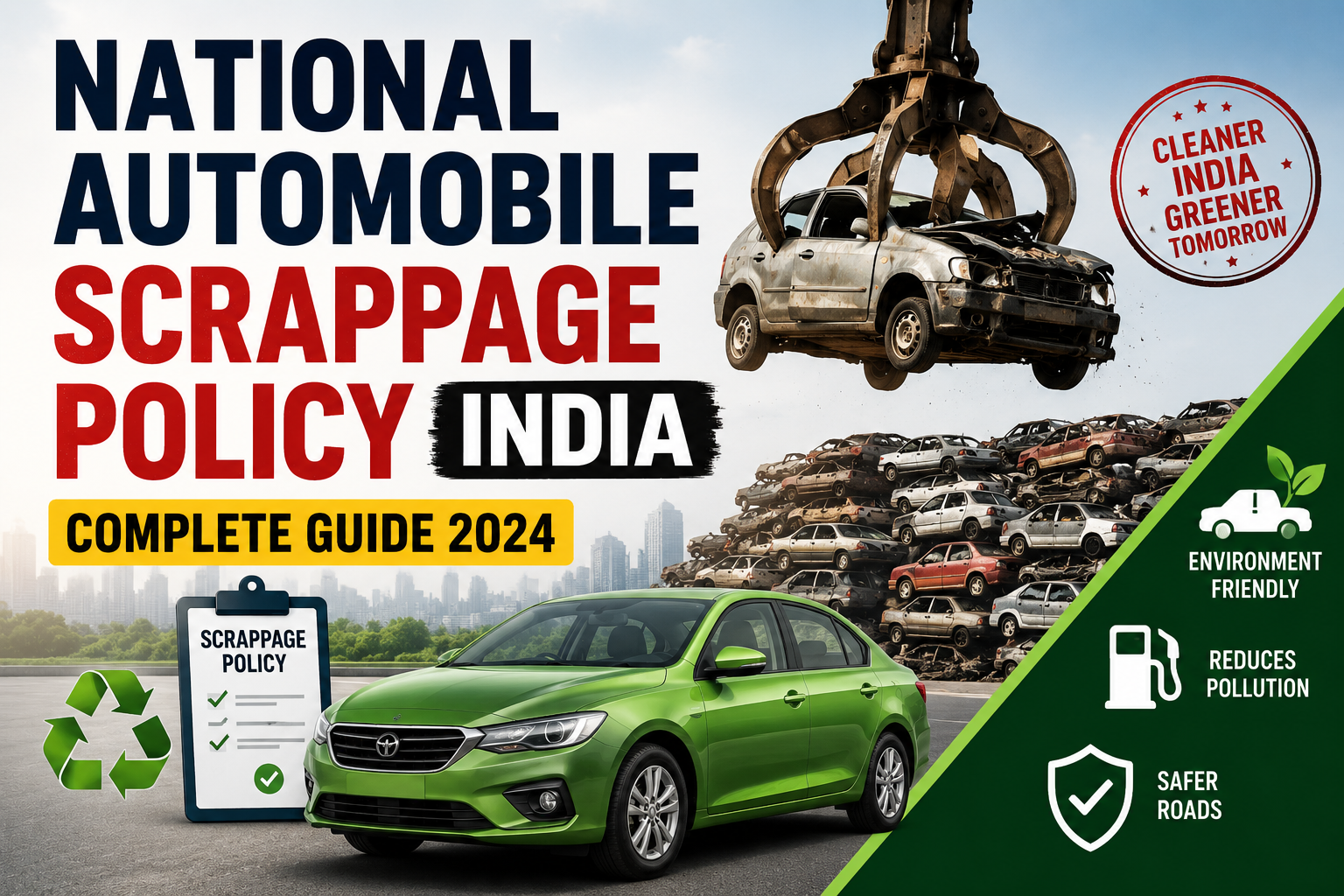 The National Automobile Scrappage Policy of India shows old vehicles being recycled through authorised scrappage facilities, promoting cleaner transportation, vehicle recycling, road safety, and sustainable automotive growth.