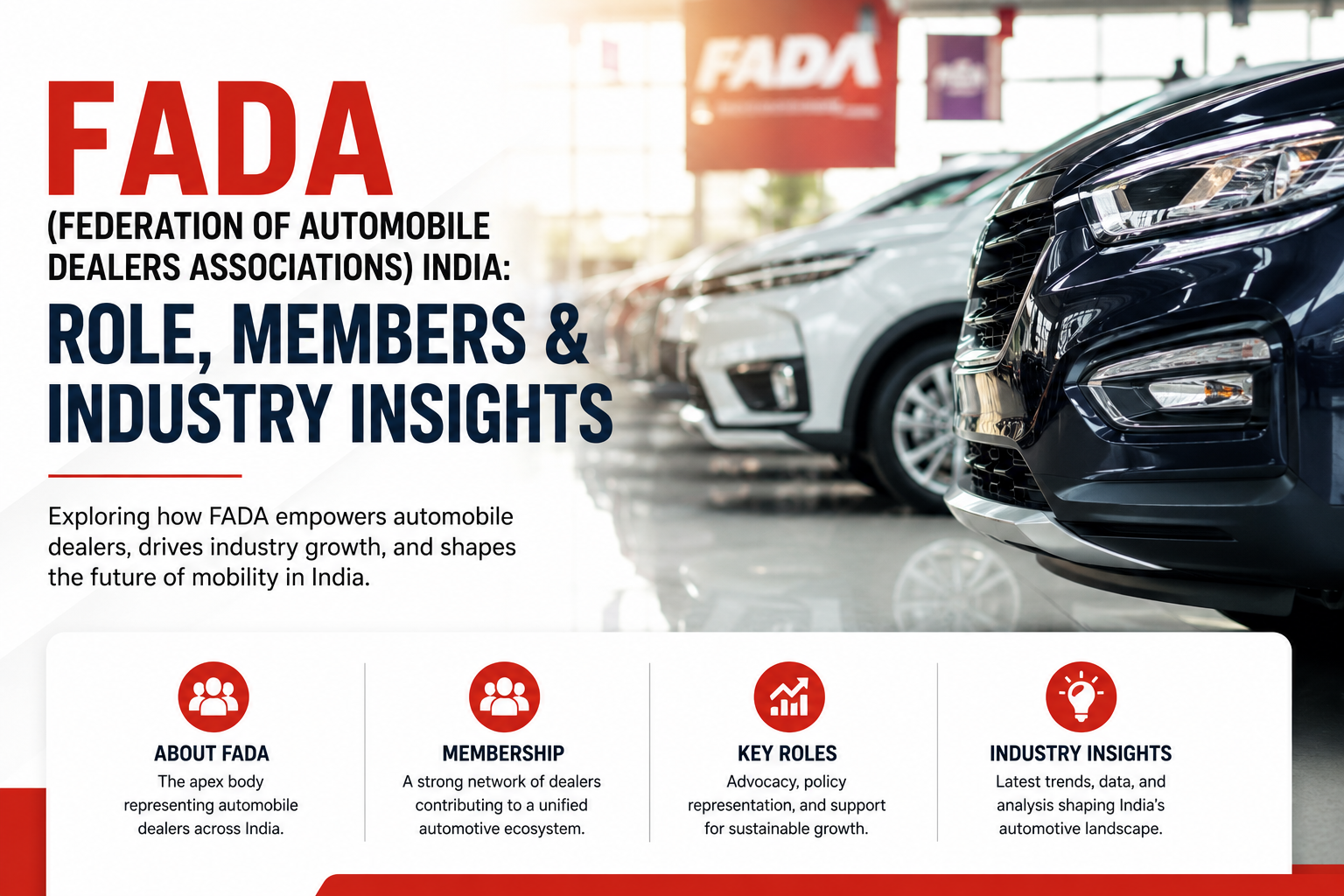 FADA India represents automobile dealerships, vehicle retailers, automotive businesses, and industry stakeholders across the Indian automobile market.