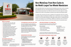 Hero MotoCorp manufactures and sells motorcycles and scooters across India, showcasing its market leadership, innovation, production capacity, and contribution to the Indian two-wheeler industry.